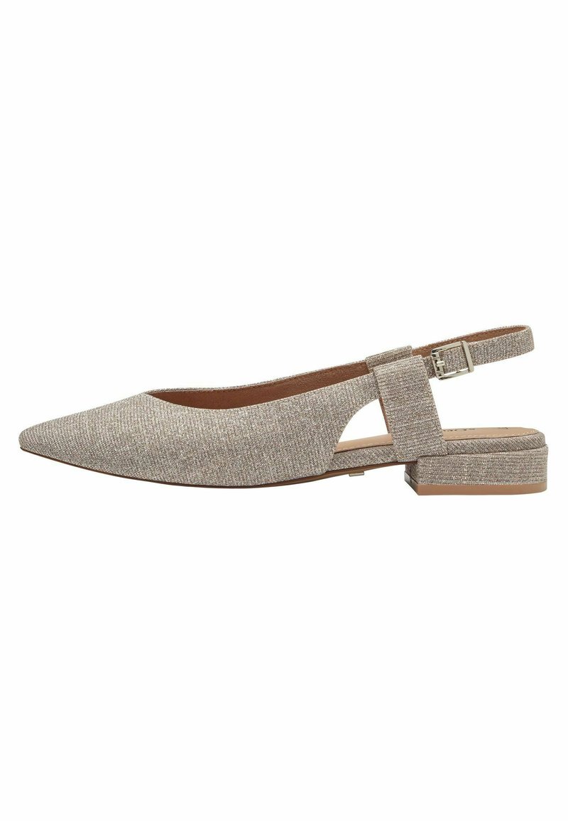 Pointed-toe slingback shoe in metallic beige fabric, featuring an ankle strap with a rectangular buckle and a low, block heel.
