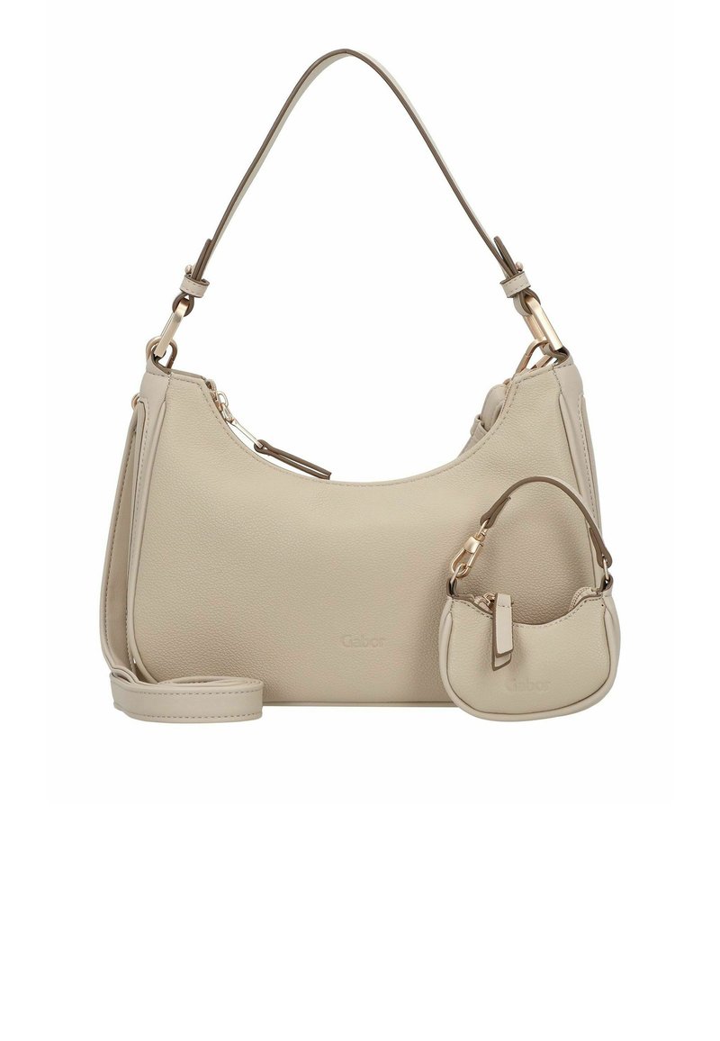 Beige Lederhandtasche mit strukturierten Oberflächen, ausgestattet mit einem langen Schulterriemen und einem kleinen passenden Täschchen. Akzente in goldfarbener Hardware.