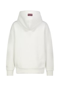 Witte hooded sweatshirt met ribbelboorden en zoom. Aan de achterkant zit een klein merketiketje bij de nek. Zachte textuur en een klassiek pulloverontwerp.