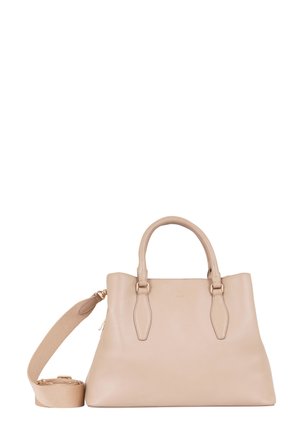 Borsa a mano in pelle beige con due manici superiori e tracolla regolabile. Texture liscia, design minimalista e sottili dettagli in oro.