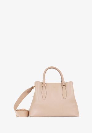 Beżowa skórzana torebka z dwoma uchwytami u góry i regulowanym paskiem na ramię. Gładka tekstura, minimalistyczny design i subtelne akcenty w złotym kolorze.