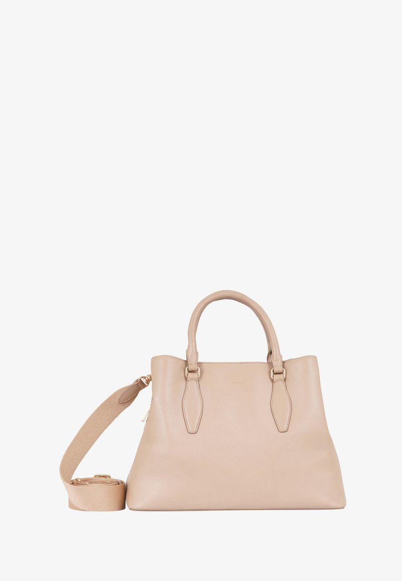 Beżowa skórzana torebka z dwoma uchwytami u góry i regulowanym paskiem na ramię. Gładka tekstura, minimalistyczny design i subtelne akcenty w złotym kolorze.