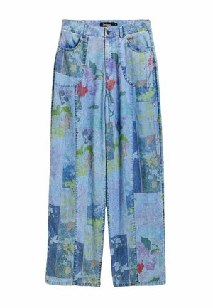 Pantalon en denim à jambes larges avec un patchwork floral multicolore, poches avant et fermeture par bouton à la taille.