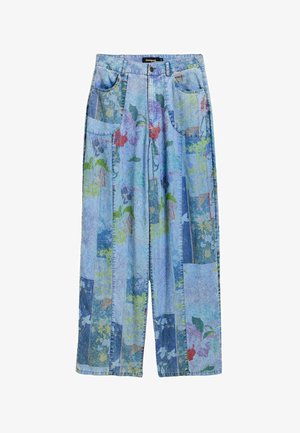 Pantalon en denim à jambes larges avec un patchwork floral multicolore, poches avant et fermeture par bouton à la taille.