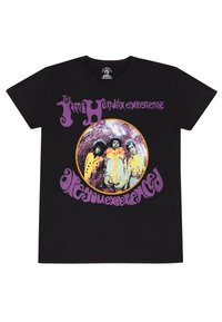 T-shirt nera in cotone con una grafica circolare che presenta tre figure circondate da testo viola che recita "The Jimi Hendrix Experience Are You Experienced?"