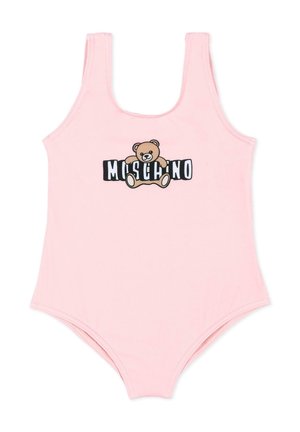 Body rosa senza maniche con grafica di un orsacchiotto che tiene il testo "Moschino" in bianco e nero sul petto.