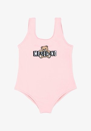 Roze mouwloze bodysuit met een teddybeerafbeelding die zwart-witte "Moschino"-tekst vasthoudt over de borst.