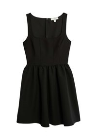 Abito nero senza maniche con corpetto aderente e gonna svasata. Realizzato in tessuto liscio con zip nascosta sulla schiena.