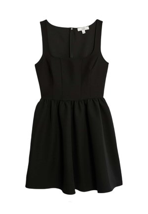 Vestido negro sin mangas con un cuerpo ajustado y falda acampanada. Hecho de una tela suave con una cremallera oculta en la parte posterior.