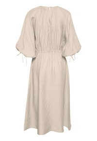 Beiges knielanges Kleid aus strukturiertem, geripptem Stoff. Mit geraffter Taille und lockeren, kurzen Puffärmeln. Knopfschluss hinten.