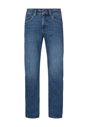 Blauwe denim jeans met een regular fit, vijf zakken, sluiting met een knoop aan de voorkant en een lichte vervaging langs de dijen. Klassiek model met rechte pijpen.