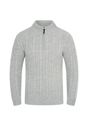 Hellgrauer gestrickter Pullover mit hohem Kragen, der einen Viertelreißverschluss und ein strukturiertes Kabelmuster aufweist. Lange Ärmel und gerippte Bündchen.