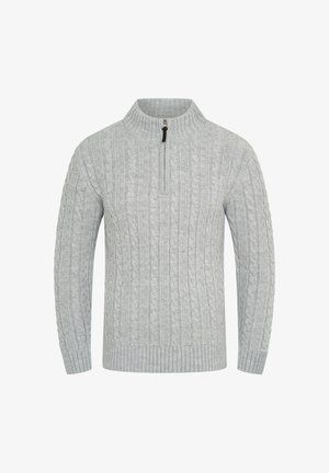 Light grey knitted sweater with a high collar, featuring a quarter zip and a textured cable pattern throughout. Long sleeves and ribbed cuffs.
