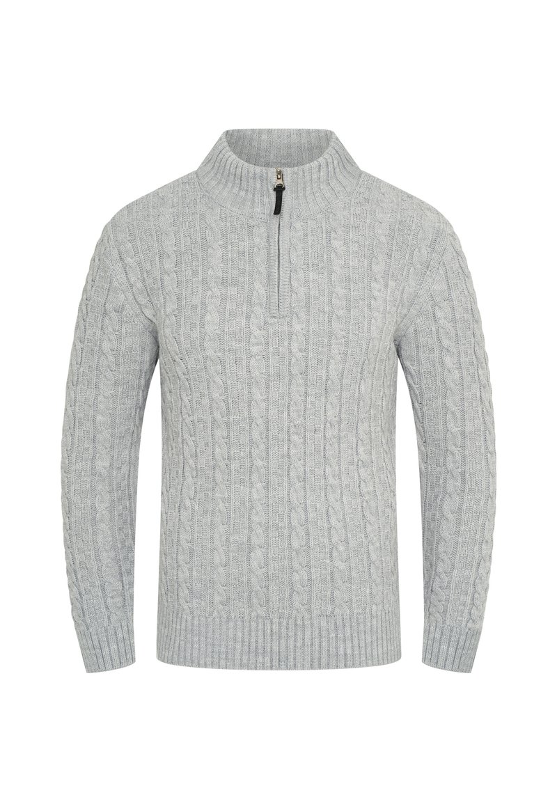 Hellgrauer gestrickter Pullover mit hohem Kragen, der einen Viertelreißverschluss und ein strukturiertes Kabelmuster aufweist. Lange Ärmel und gerippte Bündchen.
