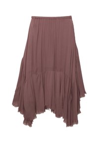 Asymmetrical skirt in mauve, made from lightweight fabric; features gathered texture and a raw-edged hem. Elastic waistband for comfort.