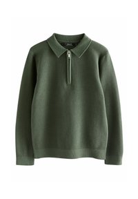 Maglione verde oliva, texturizzato, con colletto a zip; presenta un tessuto a coste e una vestibilità rilassata, ideale per essere indossato a strati in clima più fresco.