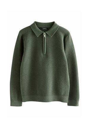 Pull en olive texturé avec col zippé ; il présente un tissu côtelé et une coupe décontractée, idéal pour le superposition par temps frais.
