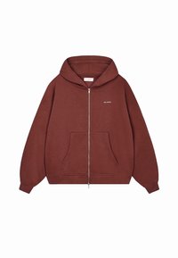 Felpa con zip di colore bordeaux scuro, con tasca a marsupio, cappuccio con cordino e testo del logo bianco sul petto. Tessuto morbido.