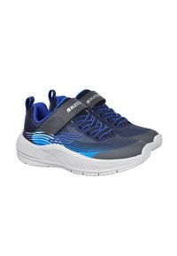 Zapatillas deportivas en azul y gris con un upper texturizado, entresuela blanca y correa ajustable. Presentan un patrón de olas y cordones en contraste.