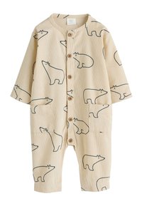 Beež beebide kombekas karumustri ja pikkade varrukatega, ümmarguse krae, puidust nööbid ja esitaskud. Pehme, tekstureeritud kangas.