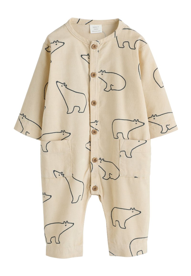 Beež beebide kombekas karumustri ja pikkade varrukatega, ümmarguse krae, puidust nööbid ja esitaskud. Pehme, tekstureeritud kangas.