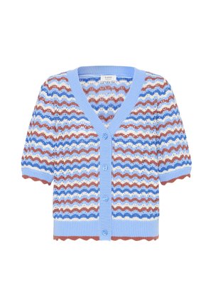 Kötött rövid ujjú kardigán kék, fehér és rozsdabarna cikk-cakk csíkokkal, kék gombos záródással, és bordázott szegéllyel az ujjakon és az alján.