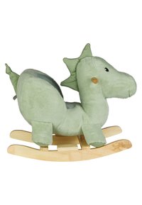 Green plush rocking dragon with soft texture, round body, and wooden rockers. Features small plastic eyes and fabric spikes on its head.
