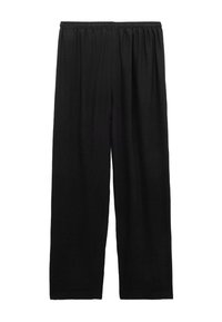 Schwarze, elastische, weite Hosen mit einem Gummibund aus strukturiertem Stoff. Bieten eine lockere Passform und einen geraden Schnitt, ideal für die Freizeit.