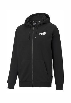 Czarna bluza Puma na zamek z przednimi kieszeniami, kapturem ze ściągaczem i białym logo Puma po lewej stronie klatki piersiowej.