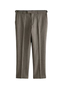 Grau melierte Wollhose mit Fischgrätmuster, taillierte Form, Gürtelschlaufen und zwei Seitentaschen. Flacher Frontschnitt und klassischer Schnitt.