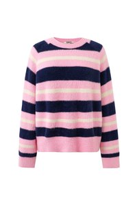 Pull léger et duveteux avec des manches longues, présentant de larges rayures horizontales en rose, bleu marine et beige clair.
