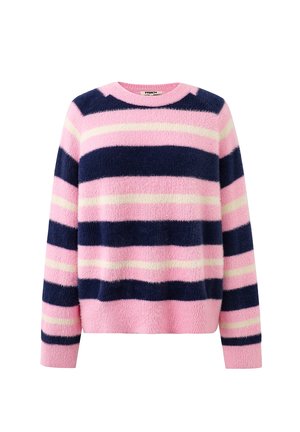 Pull léger et duveteux avec des manches longues, présentant de larges rayures horizontales en rose, bleu marine et beige clair.