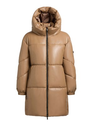 Hnědý, vypolstrovaný kabát s vysokou, nabíranou kapucí, předním zipem a elastickými manžetami. Hladká, lesklá textura se švy.
