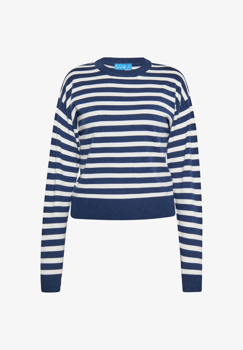Marinblå och vit randig kort tröja med långa ärmar, rund halsringning och ribbad nederkant. Har en blå tagg med "SANIKA"-logotyp. Mjuk textur.