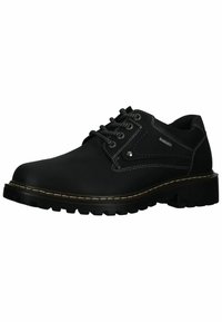 Scarpe in pelle nera con lacci, dal superficie testurizzata, caratterizzate da cuciture grigie, occhielli in metallo e un design di suola robusto.