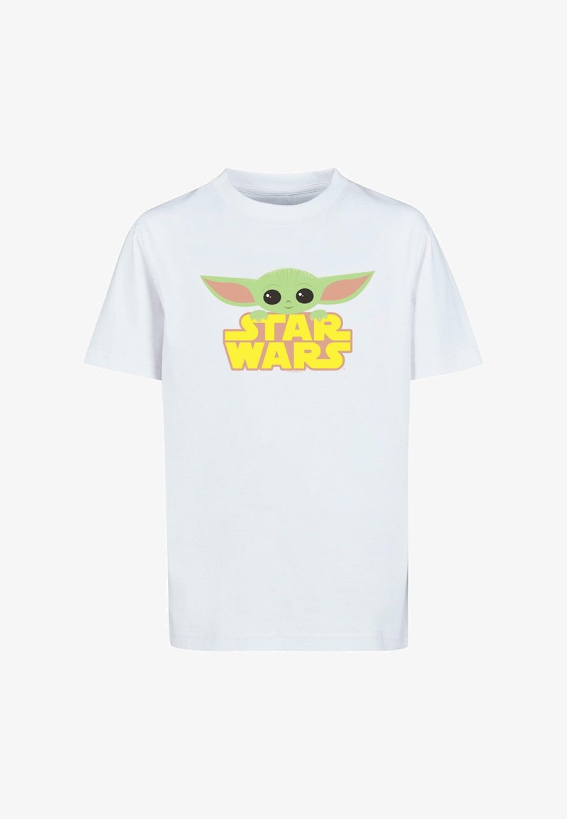 Witte katoenen t-shirt met daarop een groene figuur met grote zwarte ogen en roze oren, boven de gele tekst "STAR WARS."