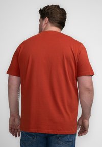 Camiseta de algodón color óxido con mangas cortas y un cuello redondo clásico. Textura suave, sin patrones, vista trasera destacada.