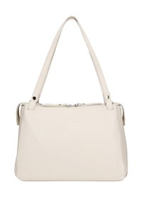 Beige leren handtas met dubbele schouderbanden, ritsluiting, textuur op het oppervlak en minimale branding op de voorkant. Compact en gestructureerd ontwerp.