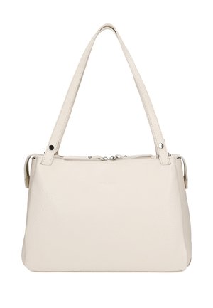 Borsa a tracolla in pelle beige con doppio manico, chiusura a zip, superficie testurizzata e branding minimo sulla parte anteriore. Design compatto e strutturato.