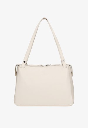 Beige leren handtas met dubbele schouderbanden, ritsluiting, textuur op het oppervlak en minimale branding op de voorkant. Compact en gestructureerd ontwerp.