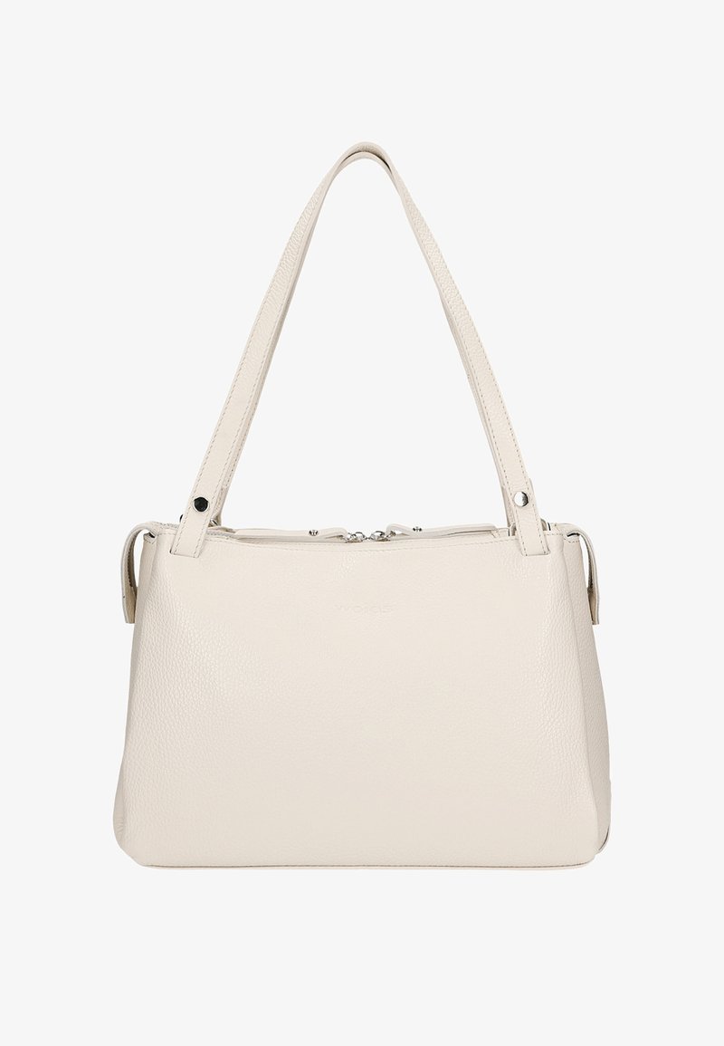 Beige leren handtas met dubbele schouderbanden, ritsluiting, textuur op het oppervlak en minimale branding op de voorkant. Compact en gestructureerd ontwerp.
