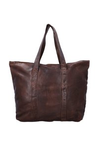 Smeđa kožna torba s dvije čvrste ručke, mekane teksture i jednostavnog dizajna. Ima vidljive šavove i prostrano otvoreno dno.