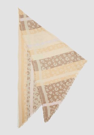 Écharpe triangulaire beige et jaune doux avec un imprimé léopard et des rayures, dotée de bords effilochés pour une texture. Tissu léger.