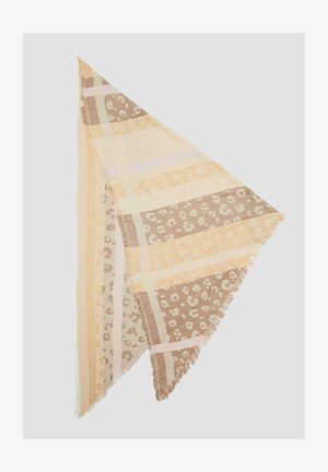 Écharpe triangulaire beige et jaune doux avec un imprimé léopard et des rayures, dotée de bords effilochés pour une texture. Tissu léger.