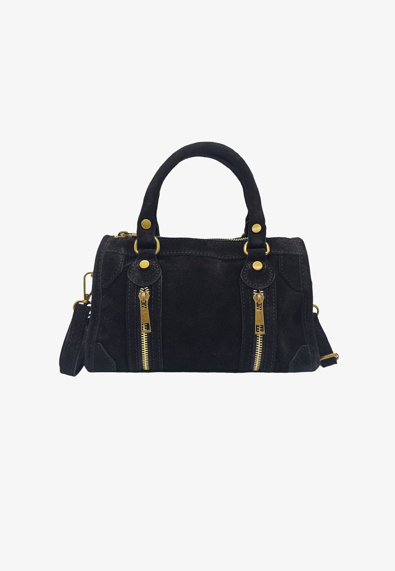Sac à main en daim noir avec deux zippers dorés, poignées rondes et bandoulière amovible. Caractéristiques de couture décorative et d'accents en métal.