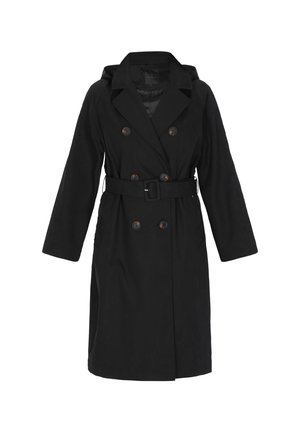 Trenci negru cu nasturi dubli, talie cu curea, rever larg și mâneci lungi. Textură netedă și design până la genunchi.