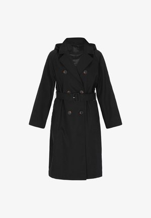 Černý trenčkot s dvojitým zapínáním na knoflíky, páskem v pase, širokými klopami a dlouhými rukávy. Hladká textura a délka sahající ke kolenům.