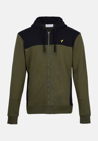 Olivgrüner und schwarzer Zip-Hoodie mit einer Kängurutasche, Kordelzügen, gerippten Bündchen und einem kleinen goldenen Logo auf der Brust.