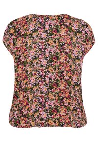 T-shirt à imprimé floral avec manches courtes, coupe ample, sur fond noir et fleurs multicolores en rose, jaune et vert.