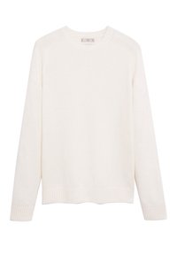 Kremowy sweter z dzianiny z okrągłym dekoltem, ściągaczami na mankietach i dole, o gładkiej fakturze i długich rękawach. Klasyczne dopasowanie.